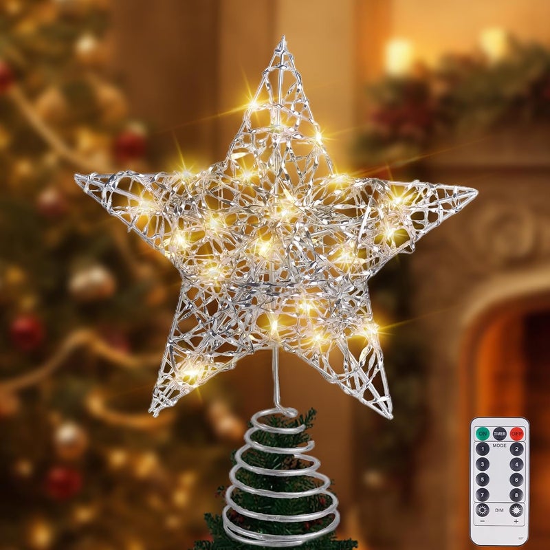 AUMAYCO Christmas Silver Star Tree Toppers Metal Lighted with 20 LED Lights, Remote Control Star Tree Topper for Christmas Tree Decorations and Xmas Holiday Seasonal Décor, 11.8 x 9.5 Inch - Image 1